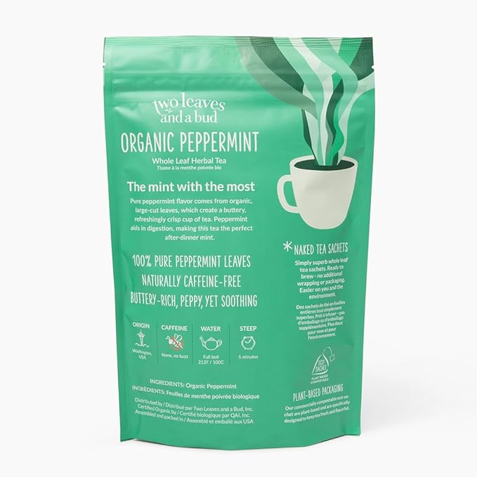 Two Leaves and a Bud Organic Peppermint - 50 Naked Tea Sachets Naturally Caffeine Free Whole Leaf Herbal Tea in Eco-Friendly Unwrapped Compostable Sachets Resealable Bag 50 Count (Pack of 1)