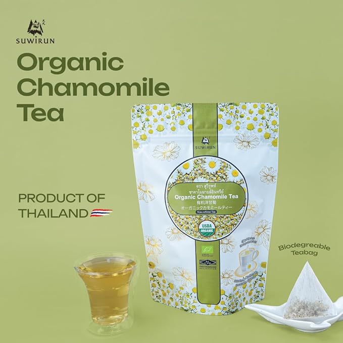 Suwirun Organic Chamomile Tea 25 Bags – 100% Chamomile Flowers – Naturally Caffeine-Free Supports Relaxation &amp Sleep – Smooth &amp Soothing Herbal Tea