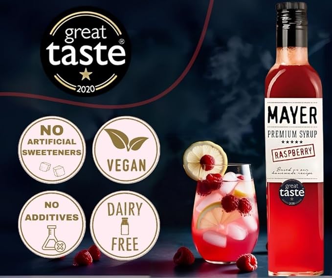 Mayer Premium Artisan Hungarian Raspberry Syrup – Award-Winning Real Fruits and 3 Natural Ingredients Vegan Gluten Free Dairy Free Versatile for Beverages &amp Desserts – No Artificial Additives