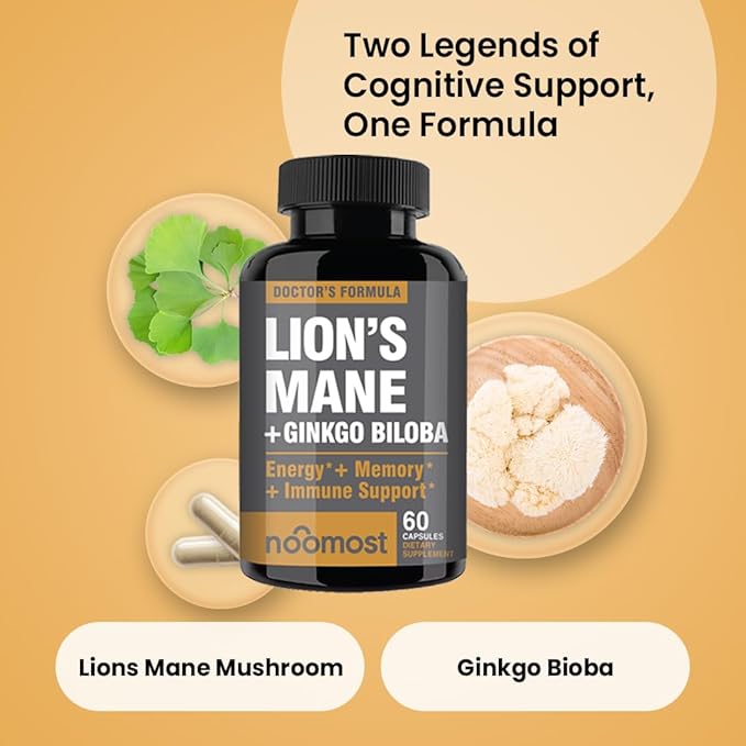NooMost Lions Mane Mushroom Supplement Capsules 1080mg With Ginkgo Biloba - Energy Focus Clarity &amp Memory Support - Real Superfood for Brain Health for Men &amp Women - Made in USA - 60 Veg Cap