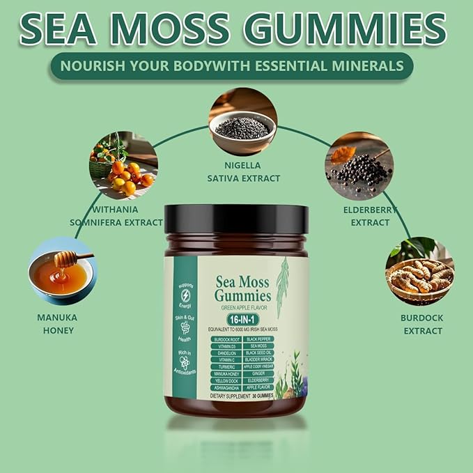 Sea Moss Gummies 16-in-1 with Black Seed Oil Ashwagandha 30 Servings Irish Seamoss Gummies Boosts Immune Support Wellness and Digestion