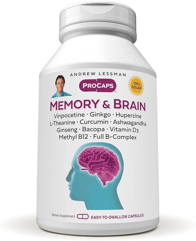 ANDREW LESSMAN Memory &amp Brain 30 Capsules – Naturally Supports Brain Memory and Mental Acuity. with Ginkgo Biloba Ashwagandha Bacopa Curcumin Ginseng B-Complex Vitamin D3