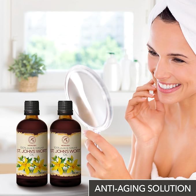 AROMATIKA St Johns Wort Oil 6.8 oz (2 * 100ml) - Hypericum Perforatum - Carrier Oil for Essential Oils - Oil for Skin - Hair Oil - Body Oil - Face Oil - Bath Oil