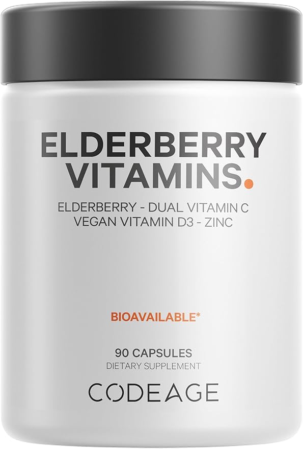 Codeage Elderberry Vitamins - Organic Fermented Elderberry Blend Vitamin C from Ascorbic Acid &amp Organic Acerola Cherries Vitamin D3 Zinc Sambucus Berries - 90 Capsules