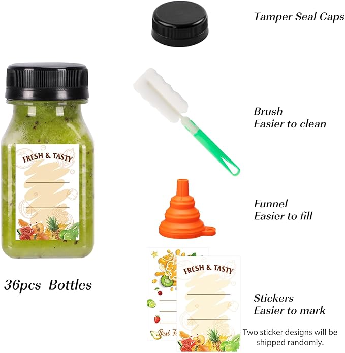 BAKHUK 36pcs 4oz Small Plastic Juice Bottles with Caps Empty Reusable Clear Bulk Beverage Containers for Juice Milk and Other BeveragesSuitable for Christmas Parties