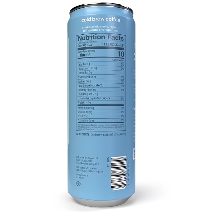 happy coffee cold brew 11 oz. cans 12 pack notes of chocolate &amp genius 100% arabica beans no artificial flavors or sweeteners
