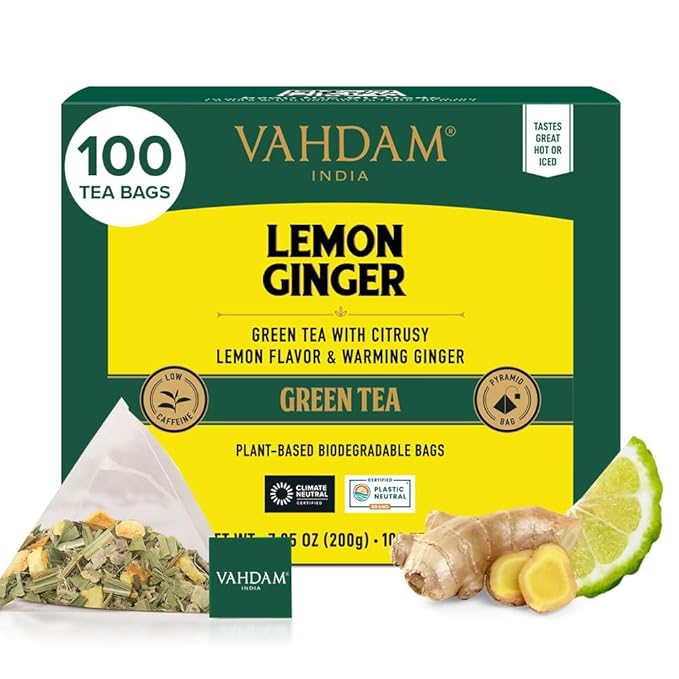 VAHDAM Lemon Ginger Tea Bags (100 Green Tea Bags) Low Caffeine | Fruity Flavor - Zesty Lemon &amp Ginger Orange Peel | Resealable Ziplock Pouch | Brew Hot or Iced Tea