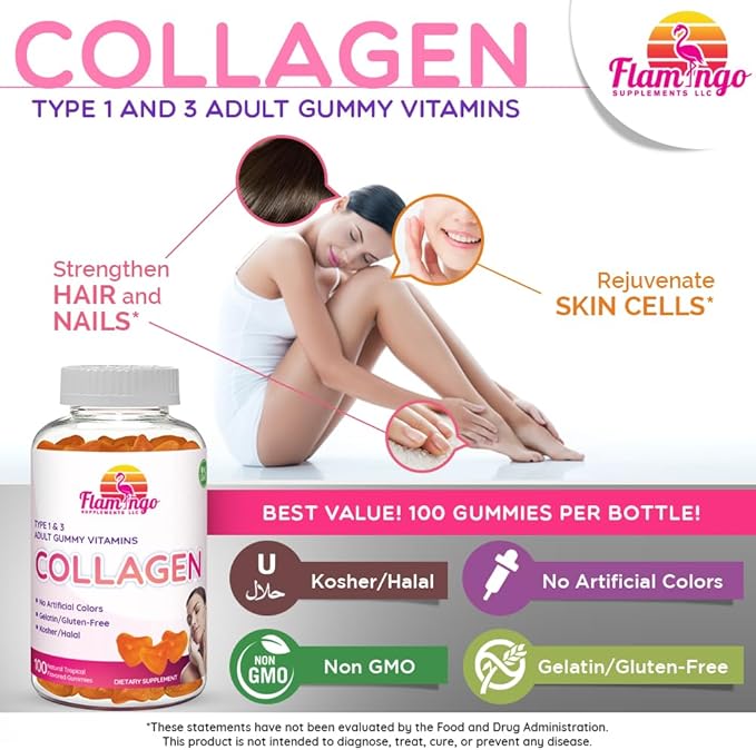 Collagen Gummies- Natural Marine Collagen for Women and Men- Collagen Supplements for Skin Hair Nails- Hydrolyzed Type 2 &amp 1 3- Replace Pills and Powders - No Gelatin Kosher Halal- 100 Ct.