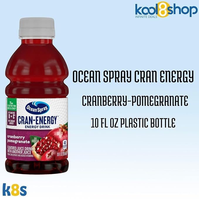 Ocean Spray Energy Cranberry Pomegranate Juice Drink 10 fl oz Plastic Bottles 24 Pack + 2 Reusable Snack Bags by KOOL8SHOP Infinite Deals