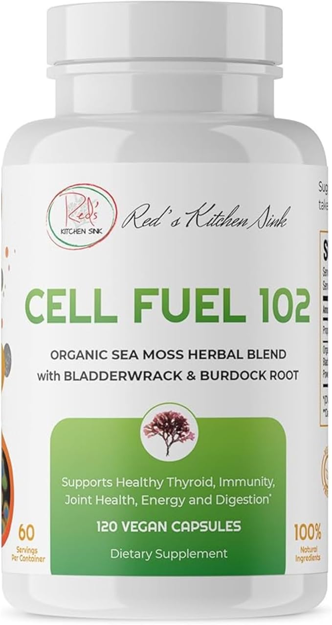 Red's Kitchen Sink Cell Fuel 102 – Organic Sea Moss 120 Capsules with Bladderwrack &amp Burdock Root | Dr. Sebi Inspired Herbal Blend | 60 Servings 2 Month Supply | Vegan 100% Natural