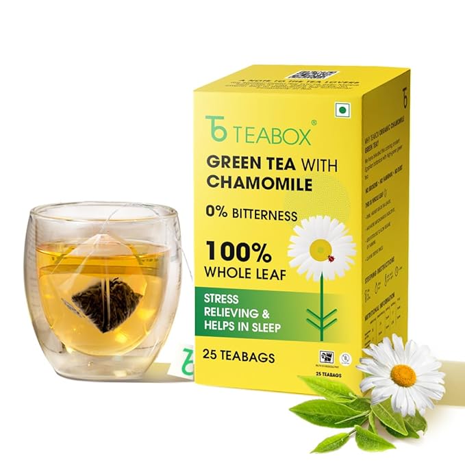 Teabox Premium Darjeeling Green Tea With Chamomile Flowers | 100% Whole Leaf &amp 0% Bitterness | Green Tea From The Himalayas | 25 Tea Bags (Low Caffeine)