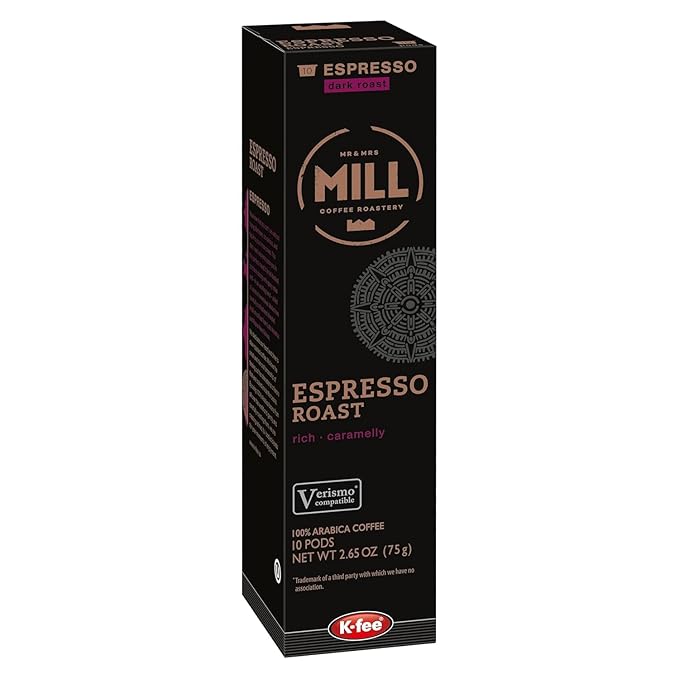 Mr &amp Mrs Mill Dark Roast Espresso Pods – K-fee® &amp Starbucks Verismo* Compatible Coffee Capsules | 60 Count (6 Boxes x 10 Pods) | 100% Arabica | Bold Full-Bodied | Single-Serve Espresso