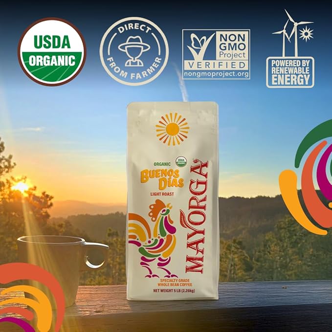 Mayorga Organic Coffee 5lb Buenos Dias - Light Roast Whole Bean Coffee Specialty Grade 100% Arabica Slow Roasted Citrusy and Sweet Flavor with Low Acidity - USDA Organic Non-GMO Kosher