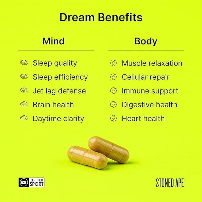 Stoned Ape Dream - Nootropic &amp Adaptogen Sleep Aid - Supports Sleep &amp Recovery - Venetron Valerian Root Melatonin Mg GABA Lemon Balm Shiitake - Keto Paleo Vegan - NSF Sport Certified
