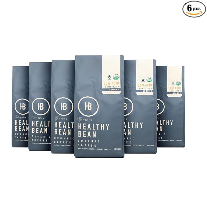 Healthy Bean Organic Low Acid Coffee Ground - USDA Organic Mold-Free Superfood Infused Clean and Healthy - Low Acid for Sensitive Stomachs - Semi-Dark Roast Ground Coffee 10oz (6-Pack)
