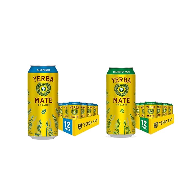 Yerba Madre Organic Yerba Mate Clean Energy Drink Alternative Bundle Enlighten Mint &amp Bluephoria Flavors 15.5 Oz (Pack of 24) 150mg Natural Caffeine Smooth Energy &amp Focus