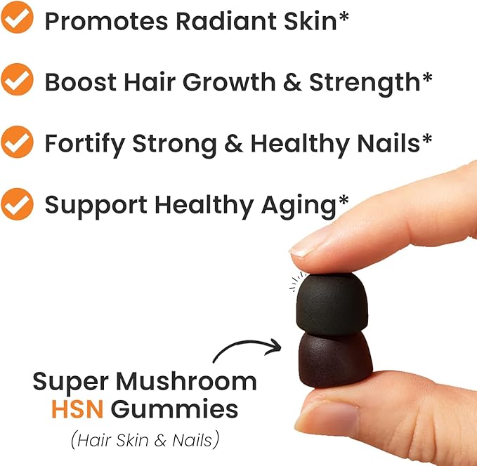 Auri Nutrition Super Mushroom HSN Gummies - Hair Skin and Nails Gummies Functional Mushrooms Supplement - with Wild Chaga Chlorophyll Lutein and Astaxanthin - 60 Orange Citrus Gummies