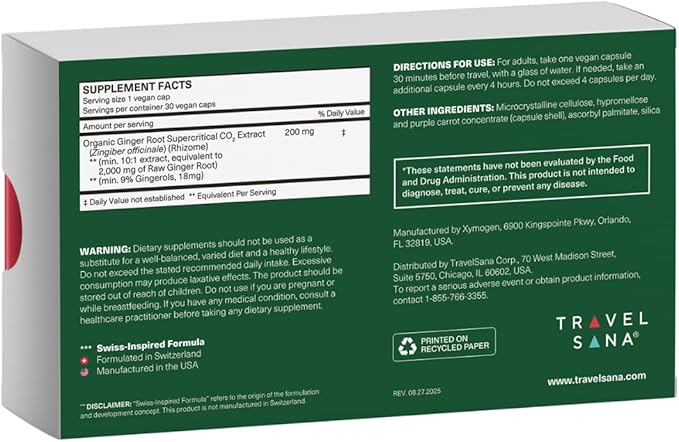 Organic Ginger Supplement | 18 mg Gingerols | 2000 mg Raw Ginger Root Powder Eq. | 10:1 Extract | Supports Stomach Comfort* &amp Motion-Related Nausea* | Travel Essentials | 30 Veg Capsules