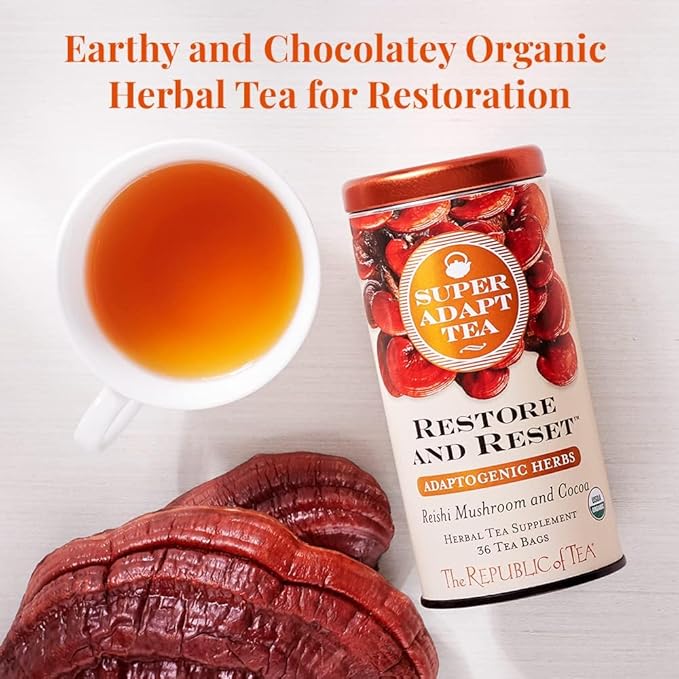 The Republic of Tea - Restore and Reset SuperAdapt Herbal Tea 250 Tea Bags Organic Caffeine Free Reishi Mushroom and Cocoa Herbal Tea