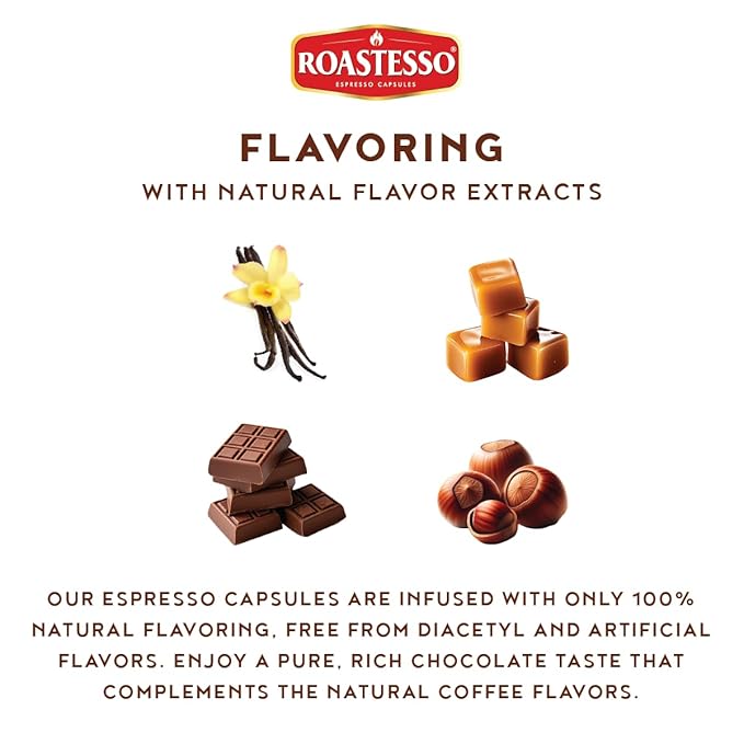 Roastesso Aluminum Espresso Capsules Flavors Variety Pack Natural Flavored Coffee Pods with French Vanilla Caramel Chocolate &amp Hazelnut Compatible with Nespresso Original Machines (40 Count)