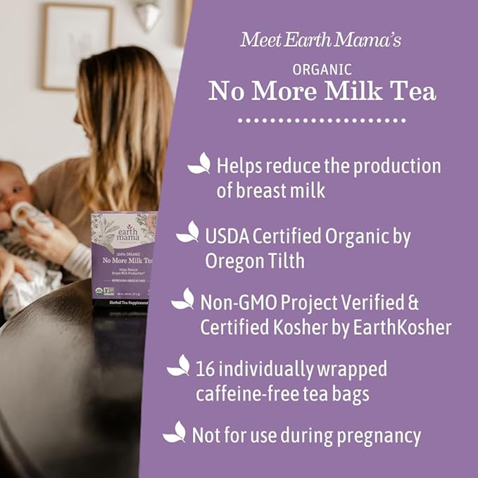 Earth Mama Organic No More Milk Tea | Reduce Breast Milk Production Stop Breastfeeding &amp Wean Lactation Postpartum Essentials for New Moms | 96 Teabags | Caffeine Free &amp Non-GMO