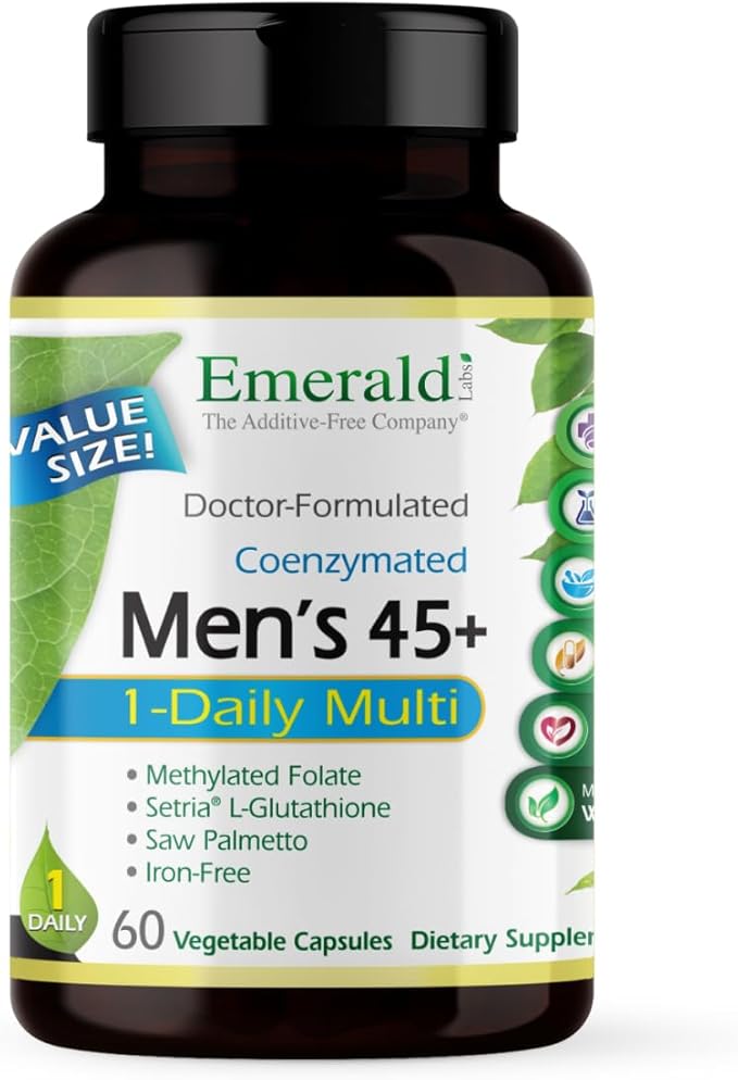 EMERALD LABS Men's 45+ 1-Daily Multi - Made with Saw Palmetto Lycopene &amp More for Heart Bone &amp Immune Support* - Gluten-Free - 60 Vegetable Capsules