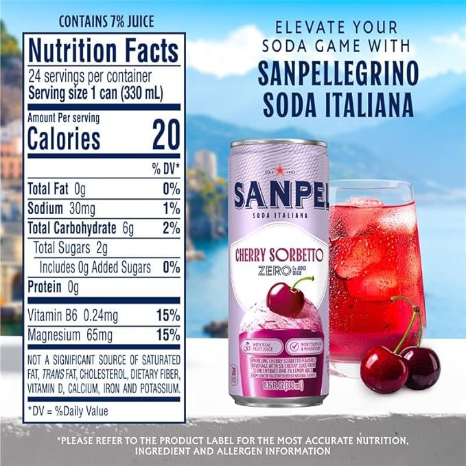 Sanpellegrino Soda Italiana Cherry Sorbetto Italian Sparkling Drink 0g Added Sugar Real Fruit Juice Italian Soda Sparkling Beverage 24-Pack