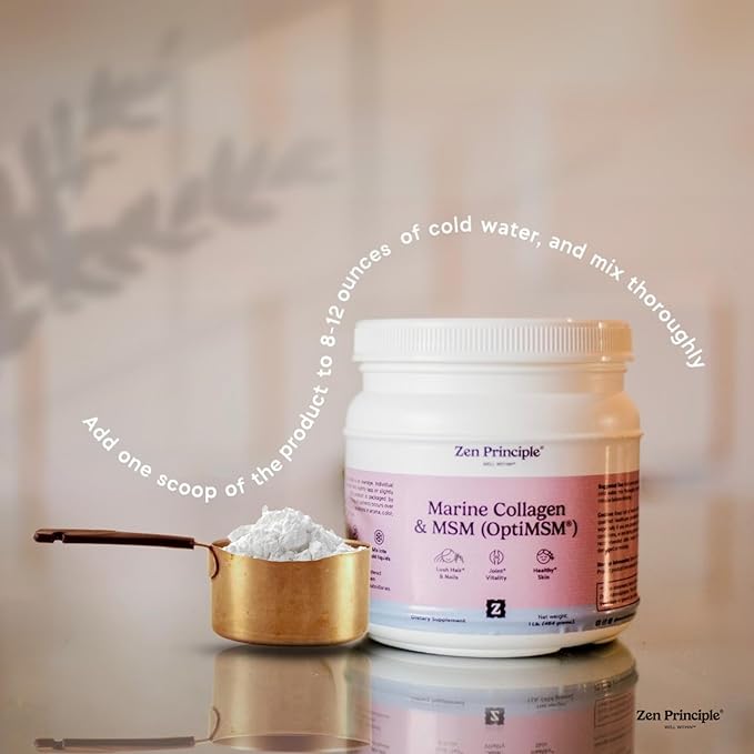 Zen Principle Hydrolyzed Marine Collagen Peptides Powder with OptiMSM® Supplement. Clinically Tested for Skin Support. Wild-Caught Fish Non-GMO. Container 16 oz
