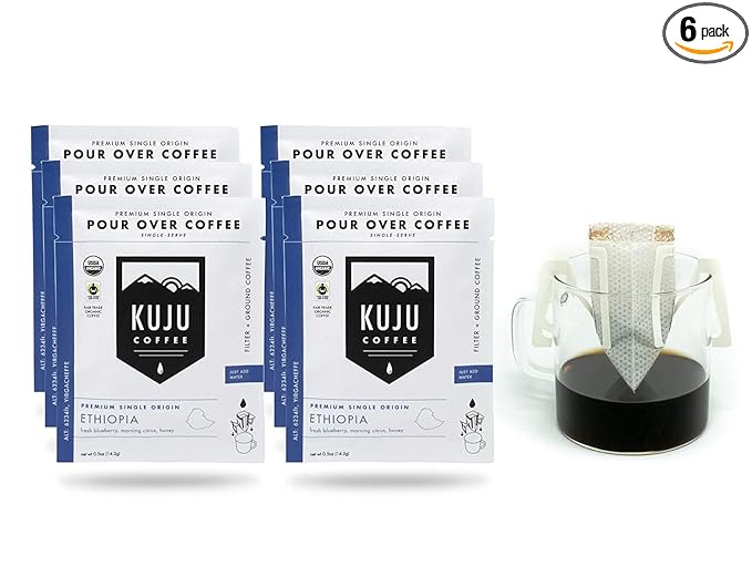 Kuju Coffee Premium Pour Over Individual Coffee Packets - Backpacking Travel Camping Organic Coffee Singles - Fair Trade &amp Eco-Friendly - Ethiopia - Yirgacheffe 6-pack