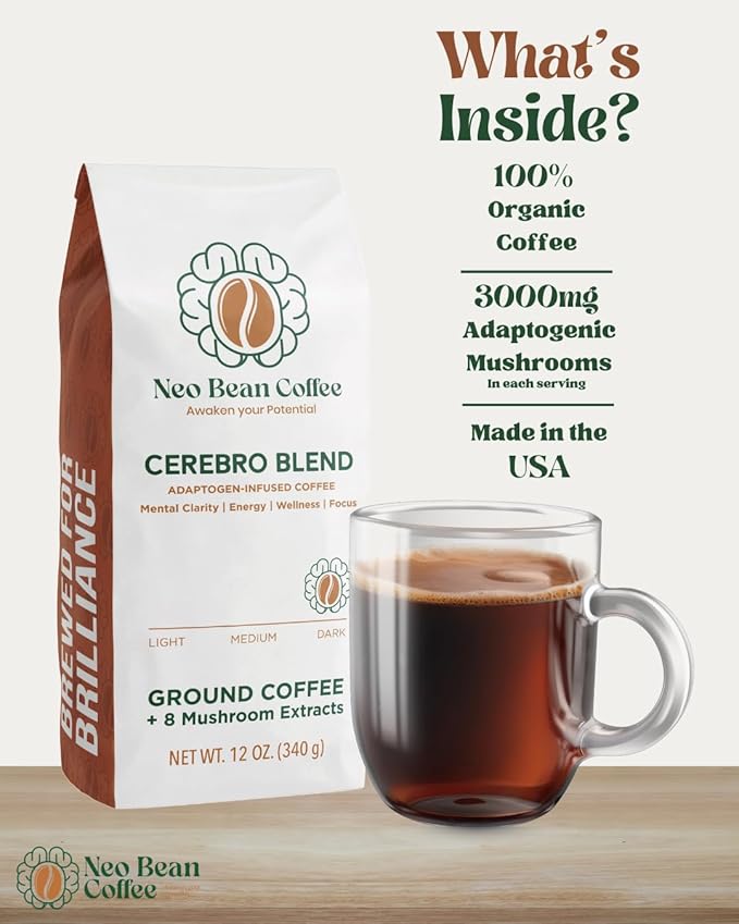 Neobean Cerebro Blend 12 oz Bag - Freshly Roasted Specialty Coffee with 8 Adaptogen Mushrooms - Mushroom Coffee