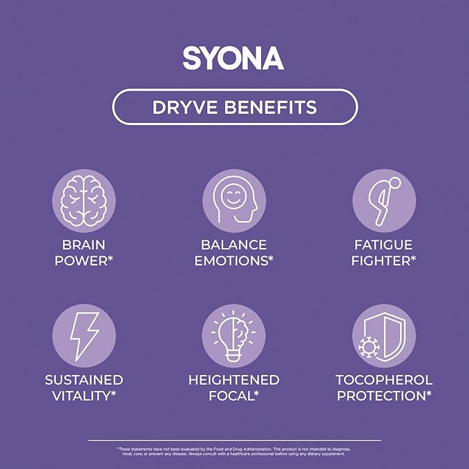 SYONA - DRYVE - Berry-Lime Nootropic Drink Mix - Focus and Energy with Lion's Mane Guarana Seed L-Theanine and Prebiotic Blend - 30 Stick Packs