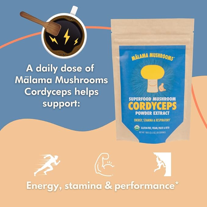Cordyceps Extract Powder by Malama Organic Fruiting Body Cordyceps Mushroom Powder Superfood Adaptogenic Supports Energy Endurance &amp Mood 100 Servings
