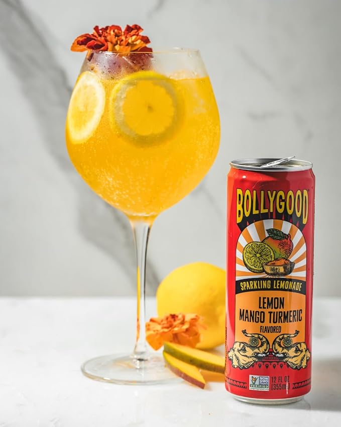 Bollygood Sparkling Lemonade Lemon Mango Turmeric Indian Inspired Beverage Nimbu Pani No Artifical Colors or Flavors Non-GMO Project Verified 12 FL OZ Cans (Pack of 12)