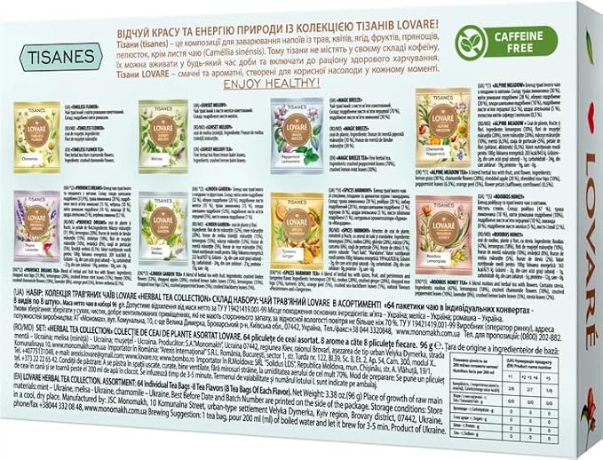 Lovare Herbal Tea Collection – 64 Herbal Tea Bags Assortment | 8 Flavors | Caffeine-Free | Gift Box for Relaxation Wellness Moments Tea set