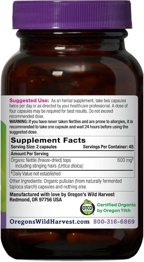 Oregon's Wild Harvest Certified Organic Nettle Capsules with Stinging Hairs Allergy Supplement 600 mg 90 Capsules