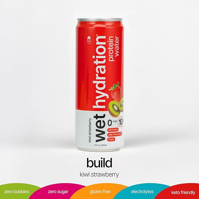 Wet Hydration Protein Water | Electrolyte Drink with Clear Whey Protein &amp BCAAs - Kiwi Strawberry Flavor (12oz Cans Pack of 12) | Zero Sugar 10g Protein Low Calorie Functional Hydration