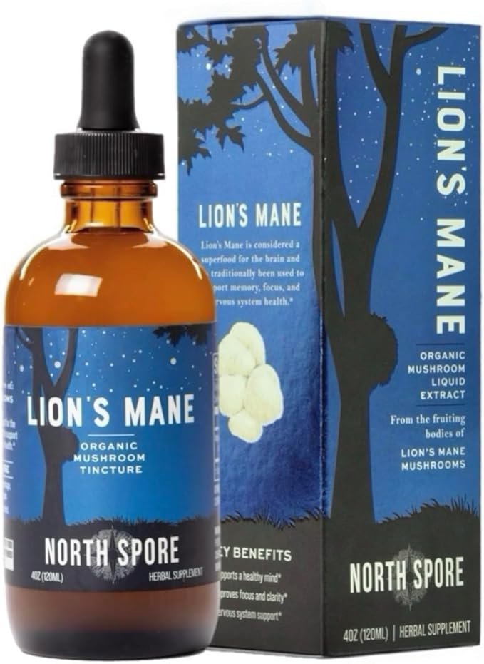 North Spore Organic Lion's Mane Mushroom Tincture (2 oz) | 100% Fruiting Body Extracts | for Focus Memory Brain Support | Certified Organic Vegan Non-GMO | Adaptogenic Nootropic | Made in USA