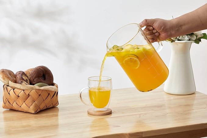 Glass Water Pitcher with Scale Line Dinner Table jug Large Serving Carafe for Water Juice Sangria Lemonade and Milk (Clear 85 oz)