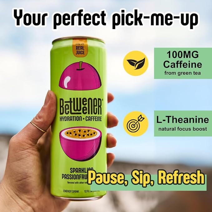 Betweener Sparkling Energy Seltzer Sparkling Water w/Real Juice &amp 100mg Caffeine Light &amp Refreshing L-Theanine for Focus Vitamins B+C - Low Sugar - 45 Cals - Passionfruit Lime (12 Pack)