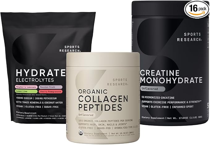 Sports Research Unflavored Organic Collagen Peptides Unflavored Creatine Monohydrate and Hydrate Electrolytes Powder Packets (16x Variety Pack)