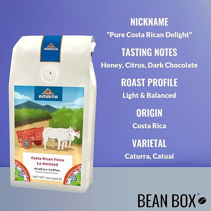 Costa Rican Finca La Amistad - Light - Roasted by Amrita Certified Pure - Freshly Ground Coffee - 12 Ounce Bag