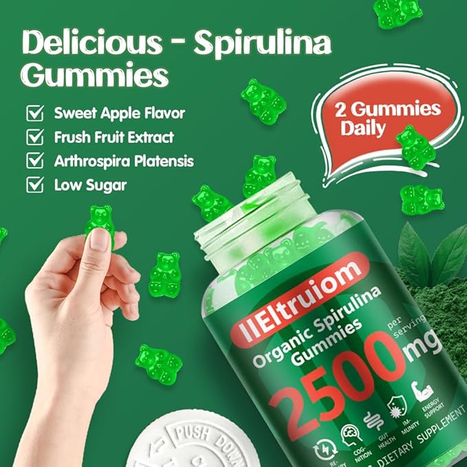 Organic Blue Spirulina Chlorella Gummies 13-in-1 Super Greens &amp Superfoods Spirulina 2500mg Enhanced Daily Energy with Sea Moss Chlorophyll GLA Gluten Free 60 Vegan Gummies