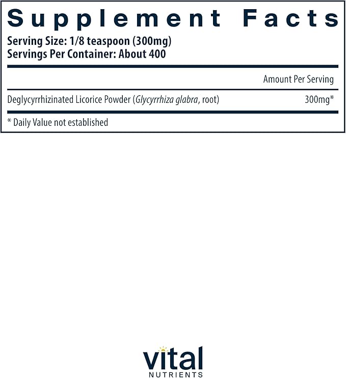Vital Nutrients DGL Powder - Vegan DGL Licorice Root Extract to Support Healthy Stomach Lining and Digestive Tract* - Gluten Dairy Soy Free - Non-GMO - 120g