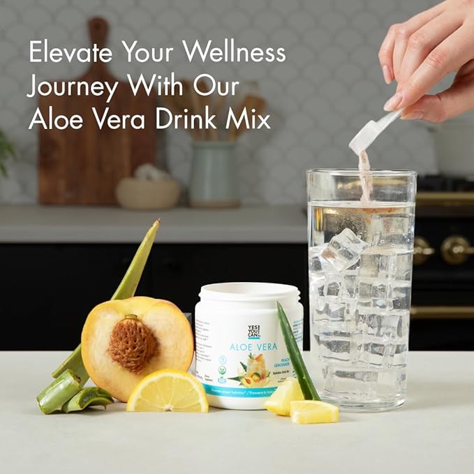 Yes You Can! Aloe Vera Powder Drink Mix - Hydration Booster Infused with Pure Organic Aloe Vera Extract - Delicious Flavors - Made in USA - Antioxidant Rich - Peach Lemonade Flavor - 40 Servings Per C