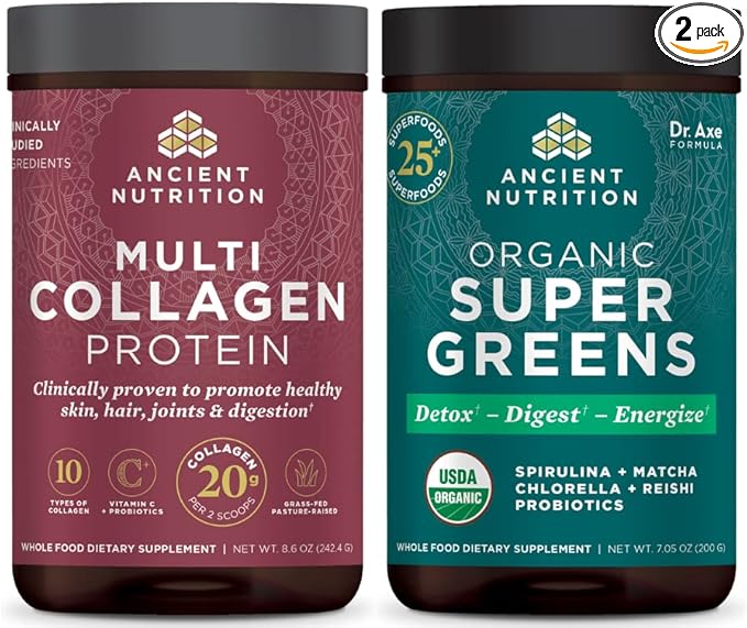 Ancient Nutrition Multi Collagen Protein Powder Unflavored 24 Servings + Supergreens Powder Greens Flavor 25 Servings
