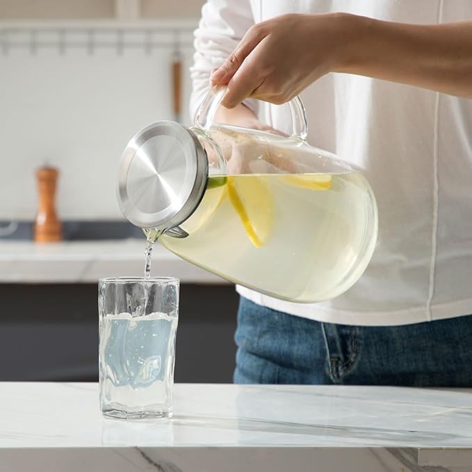 Purefold Glass Pitcher 105 oz Water Pitcher with Lid Heat Resistant Borosilicate Jug for Iced Tea Juice Milk Cold or Hot Beverages Large Caliber Easy Clean