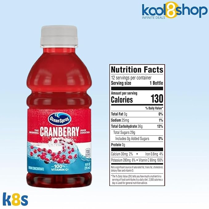Ocean Spray Cranberry Fruit Juice Drink 10 fl oz Plastic Bottles 24 Pack + 2 Reusable Snack Bags by KOOL8SHOP Infinite Deals