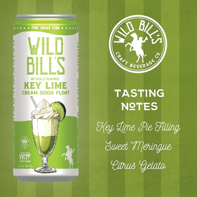 Key Lime - Wild Bill's Zero Sugar Cream Soda Zero Artificial Colors Flavors or Preservatives Naturally Sweetened (Individual 12oz Cans12-Pack)