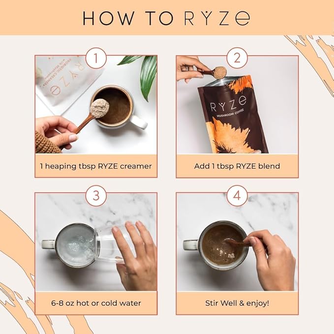 RYZE SUPERFOODS RYZE n Shine Bundle USDA Organic Mushroom Medium Roast Coffee + Probiotic Coffee Creamer with 6 Adaptogenic Mushrooms for Better Energy Focus Digestion Immunity 30 + 30 Servings