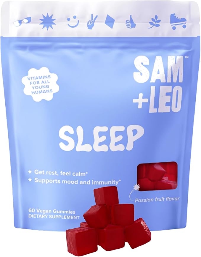 SAM+LEO Sleep Gummies for Kids &amp Teens with Melatonin Passion Flower &amp Vitamin B6 - Gentle Sleep Aid Gummies for Restful Sleep | Natural Drug Free Vegan &amp Gluten Free Passion Fruit Fla
